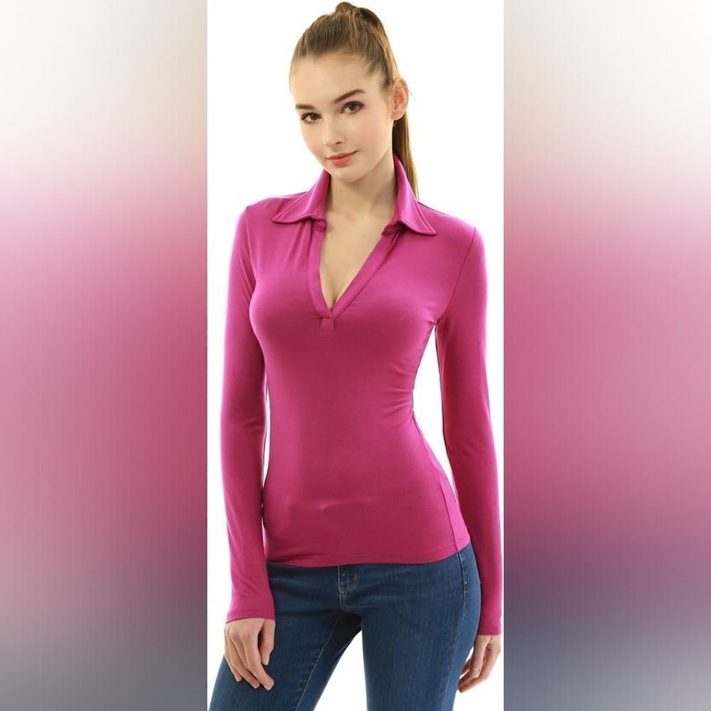 AmélieBoutik Women Collar V Neck Long Sleeve Polo Shirt Rose Pink M